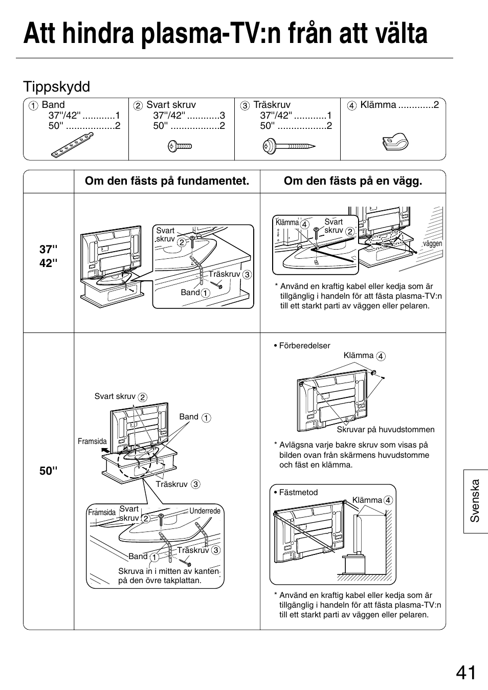 Att hindra plasma-tv:n från att välta, Tippskydd | Panasonic TYST50PX500 User Manual | Page 41 / 52