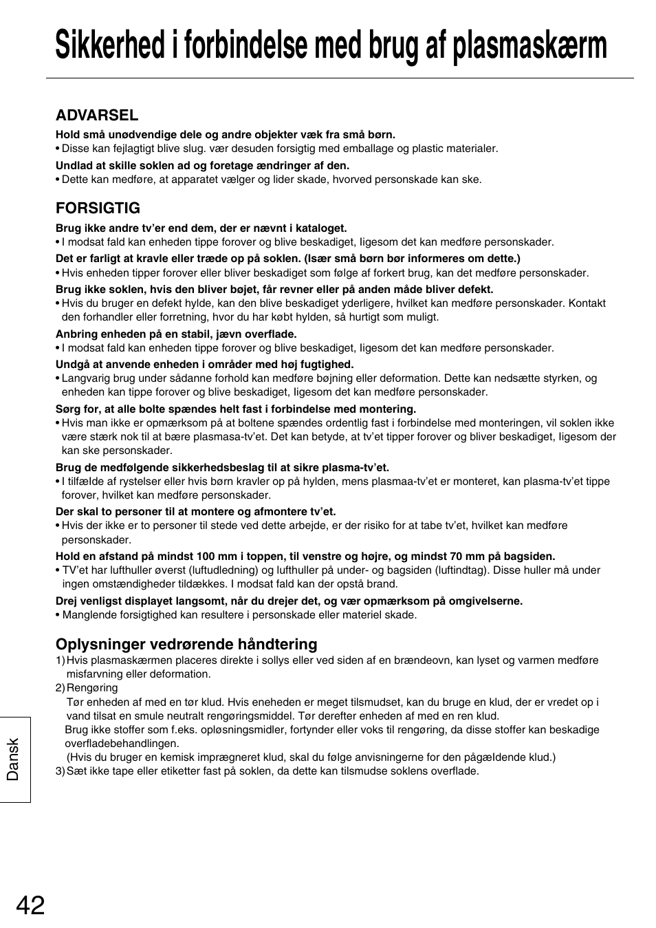 Sikkerhed i forbindelse med brug af plasmaskærm | Panasonic TYST50PX500 User Manual | Page 42 / 52