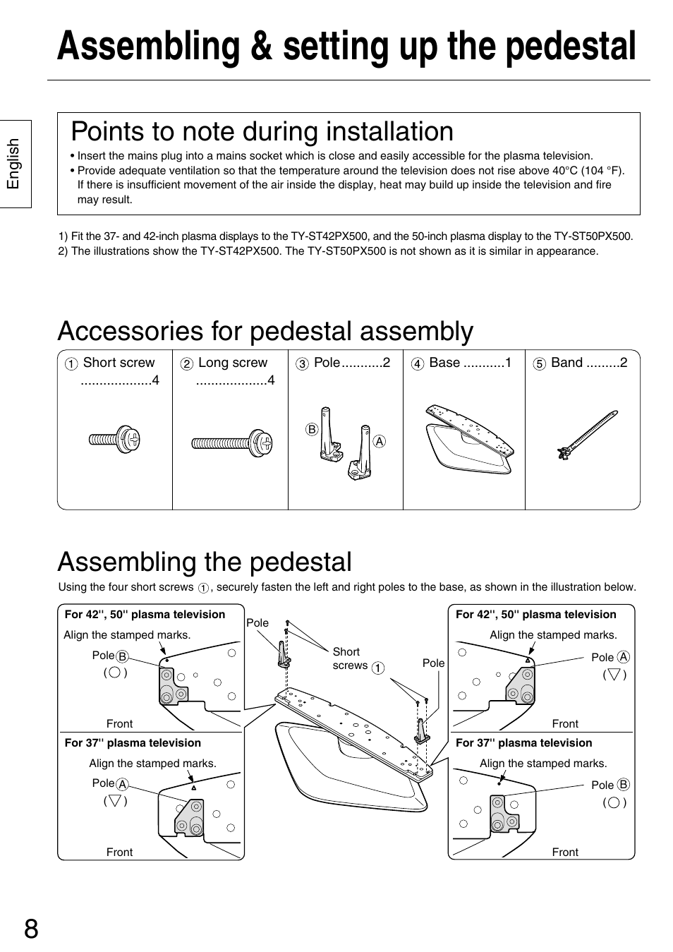 Assembling & setting up the pedestal, Accessories for pedestal assembly 8, Assembling the pedestal | Panasonic TYST50PX500 User Manual | Page 8 / 52