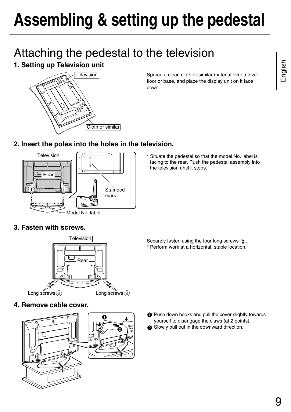 Assembling & setting up the pedestal, Attaching the pedestal to the television | Panasonic TYST50PX500 User Manual | Page 9 / 52