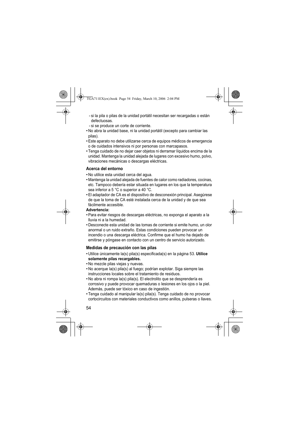 Acerca del entorno, Medidas de precaución con las pilas | Panasonic KXTGA711EX User Manual | Page 54 / 76