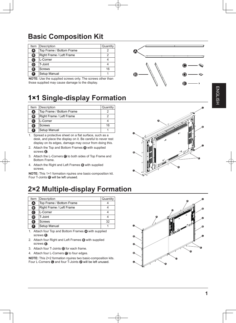 Basic composition kit, 1x1 single-display formation, 2x2 multiple-display formation | Single-display formation, 2×2 multiple-display formation, 1×1 single-display formation, English | Panasonic TYCF55VW50 User Manual | Page 11 / 40