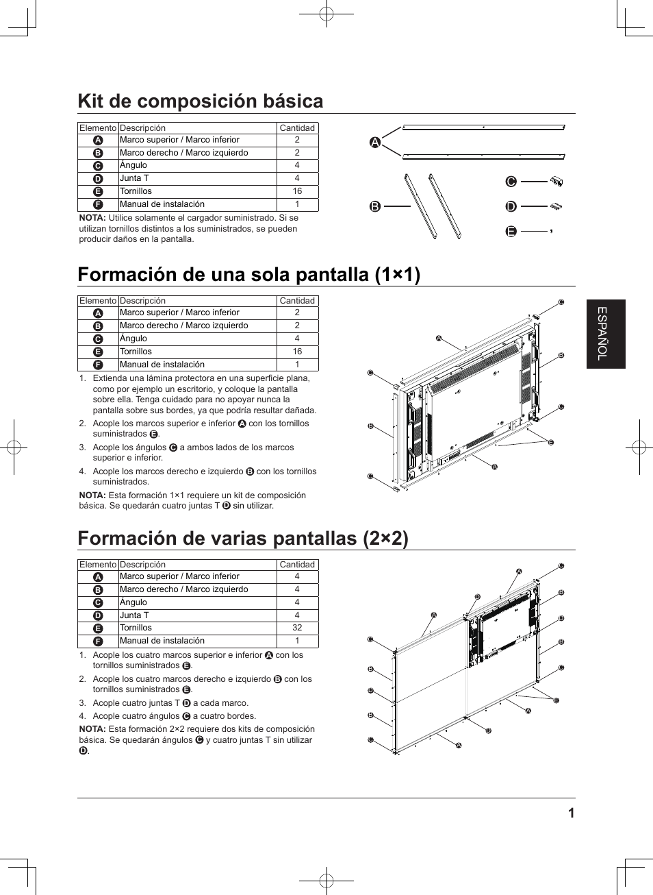 Kit de composición básica, Formación de una sola pantalla (1×1), Formación de varias pantallas (2×2) | Esp añol | Panasonic TYCF55VW50 User Manual | Page 15 / 40
