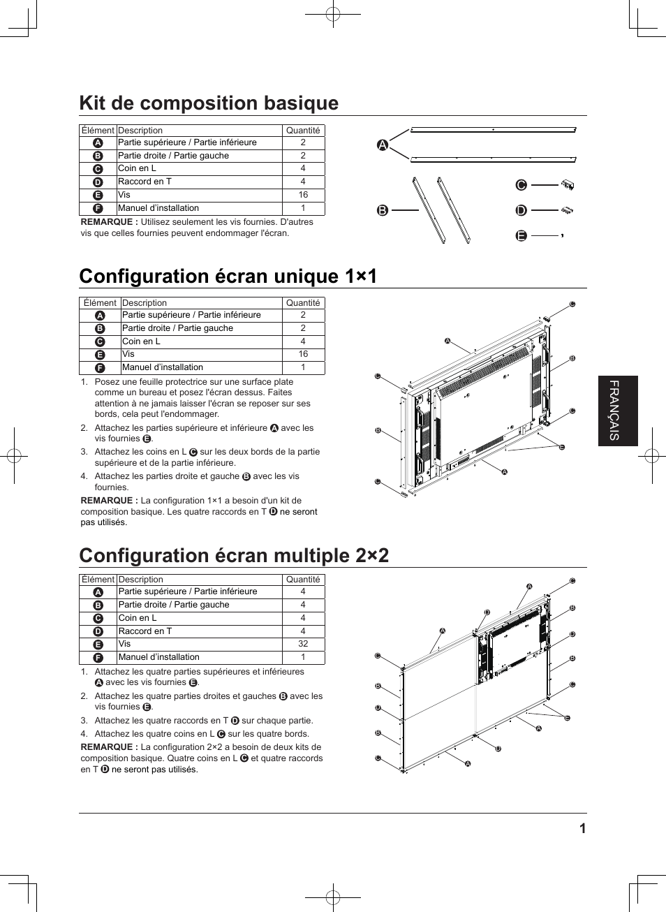 Kit de composition basique, Configuration écran unique 1×1, Configuration écran multiple 2×2 | Français | Panasonic TYCF55VW50 User Manual | Page 19 / 40