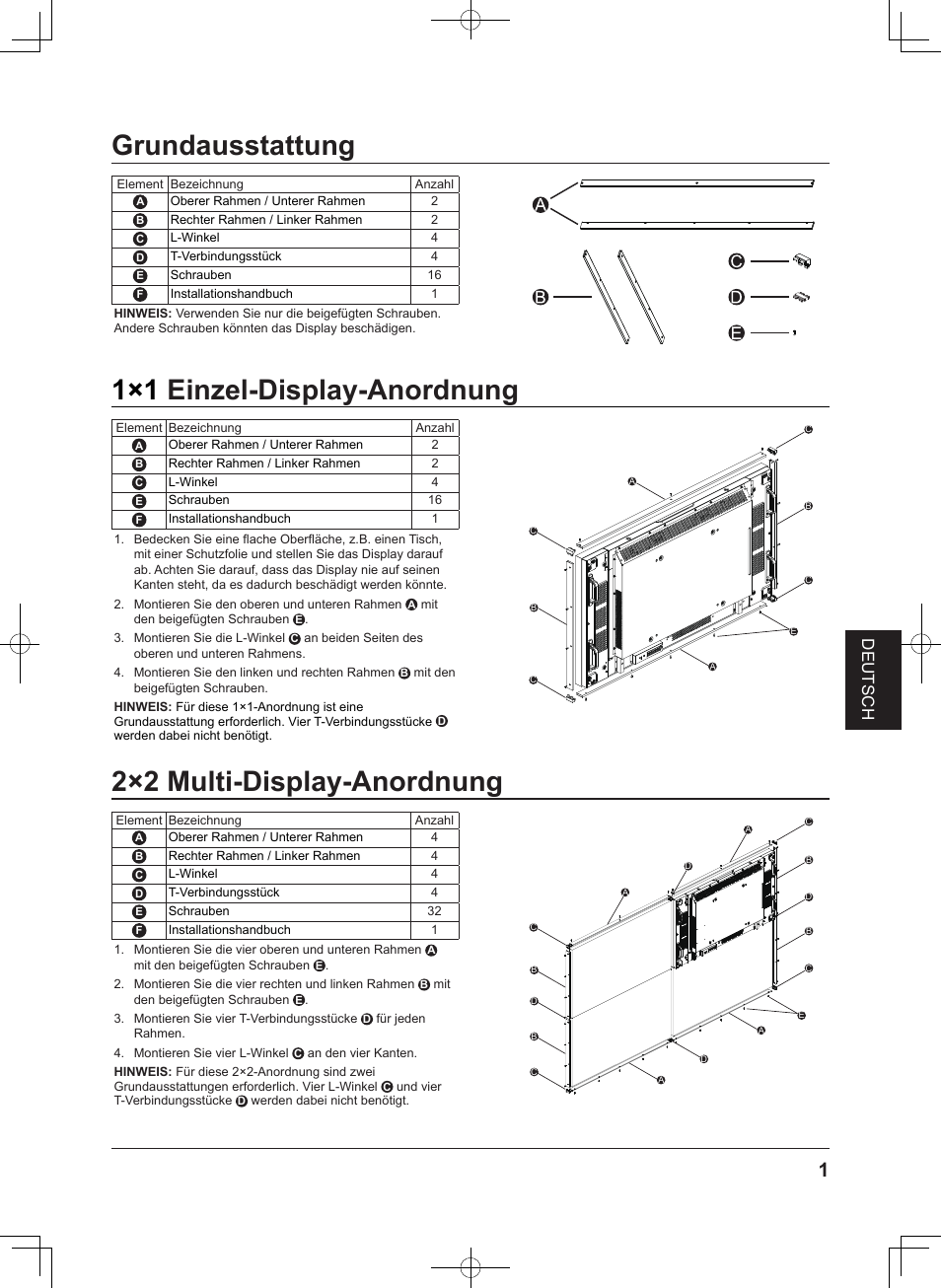 Grundausstattung, 1×1 einzel-display-anordnung, 2×2 multi-display-anordnung | Deutsch | Panasonic TYCF55VW50 User Manual | Page 23 / 40