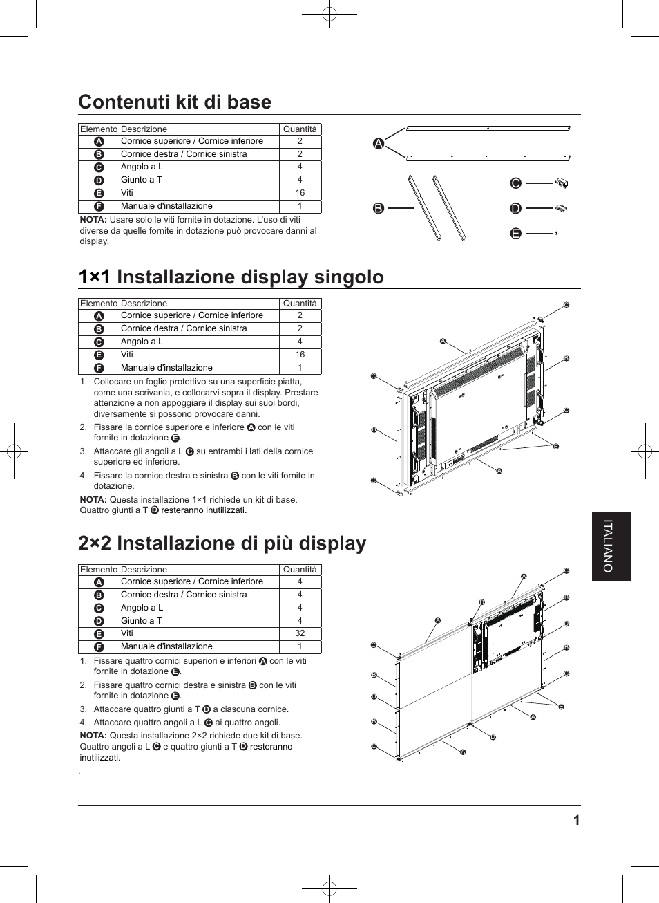 Contenuti kit di base, 1×1 installazione display singolo, 2×2 installazione di più display | Installazione display singolo, It aliano | Panasonic TYCF55VW50 User Manual | Page 27 / 40