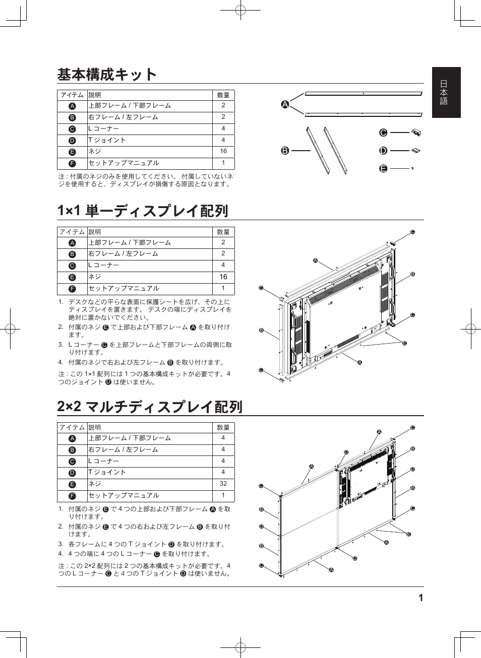 基本構成キット, 1×1単一ディスプレイ配列, 2×2マルチディスプレイ配列 | 1×1 単一ディスプレイ配列, 2×2 マルチディスプレイ配列 | Panasonic TYCF55VW50 User Manual | Page 3 / 40