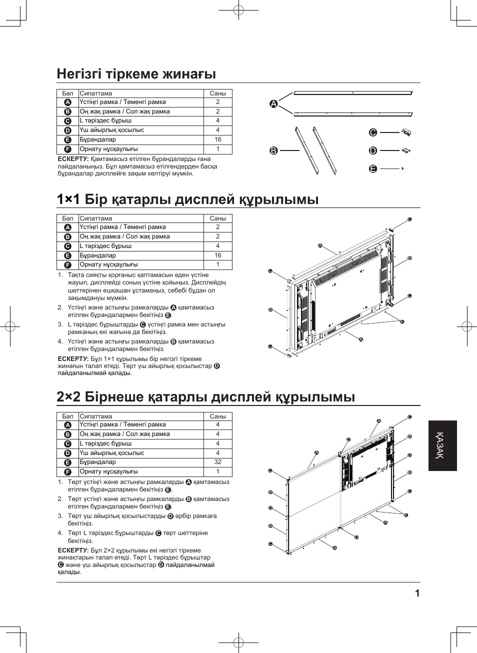 Негізгі тіркеме жинағы, 1×1 бір қатарлы дисплей құрылымы, 2×2 бірнеше қатарлы дисплей құрылымы | Бір қатарлы дисплей құрылымы, Қа зақ | Panasonic TYCF55VW50 User Manual | Page 31 / 40