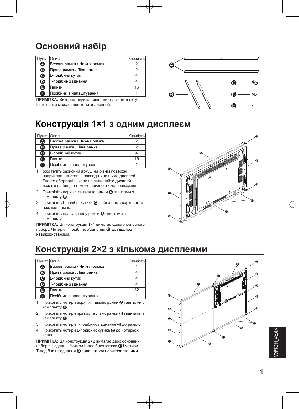 Основний набір, Конструкція 1×1 з одним дисплеєм, Конструкція 2×2 з кількома дисплеями | Конструкція 1×1, З одним дисплеєм, Укр аїнськ а | Panasonic TYCF55VW50 User Manual | Page 39 / 40