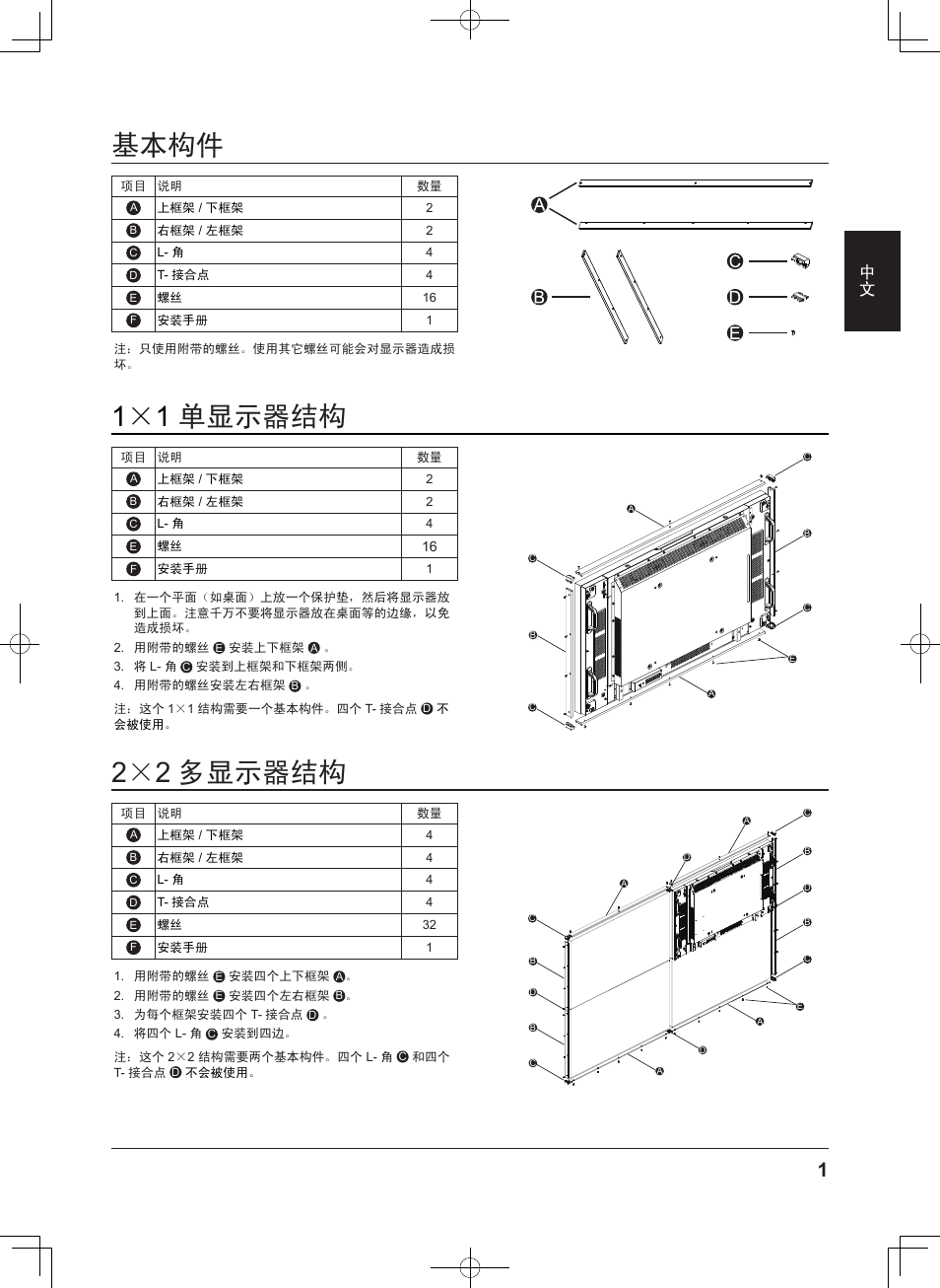 基本构件, 1×1单显示器结构, 2×2多显示器结构 | 单显示器结构, 2×2 多显示器结构, 1×1 单显示器结构 | Panasonic TYCF55VW50 User Manual | Page 7 / 40