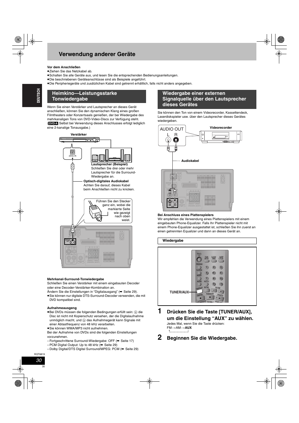 Verwendung anderer geräte, Volume, Audio out l r | Wiedergabe, Tuner/aux | Panasonic SCDP1 User Manual | Page 30 / 104