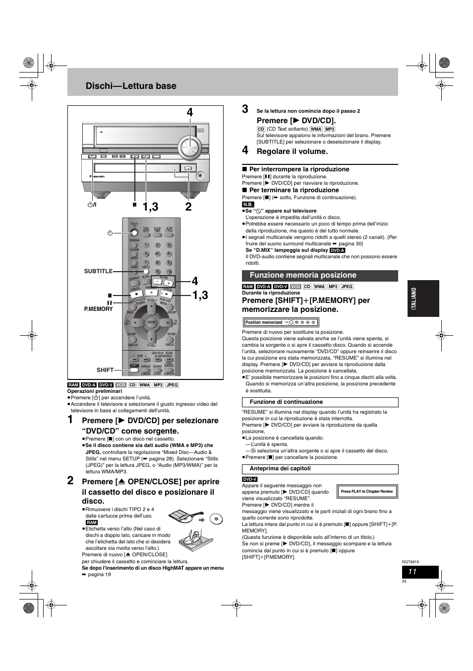 Dischi—lettura base, Premere [ 1, Dvd/cd | Regolare il volume, Ac in, Per interrompere la riproduzione, Per terminare la riproduzione | Panasonic SCDP1 User Manual | Page 45 / 104