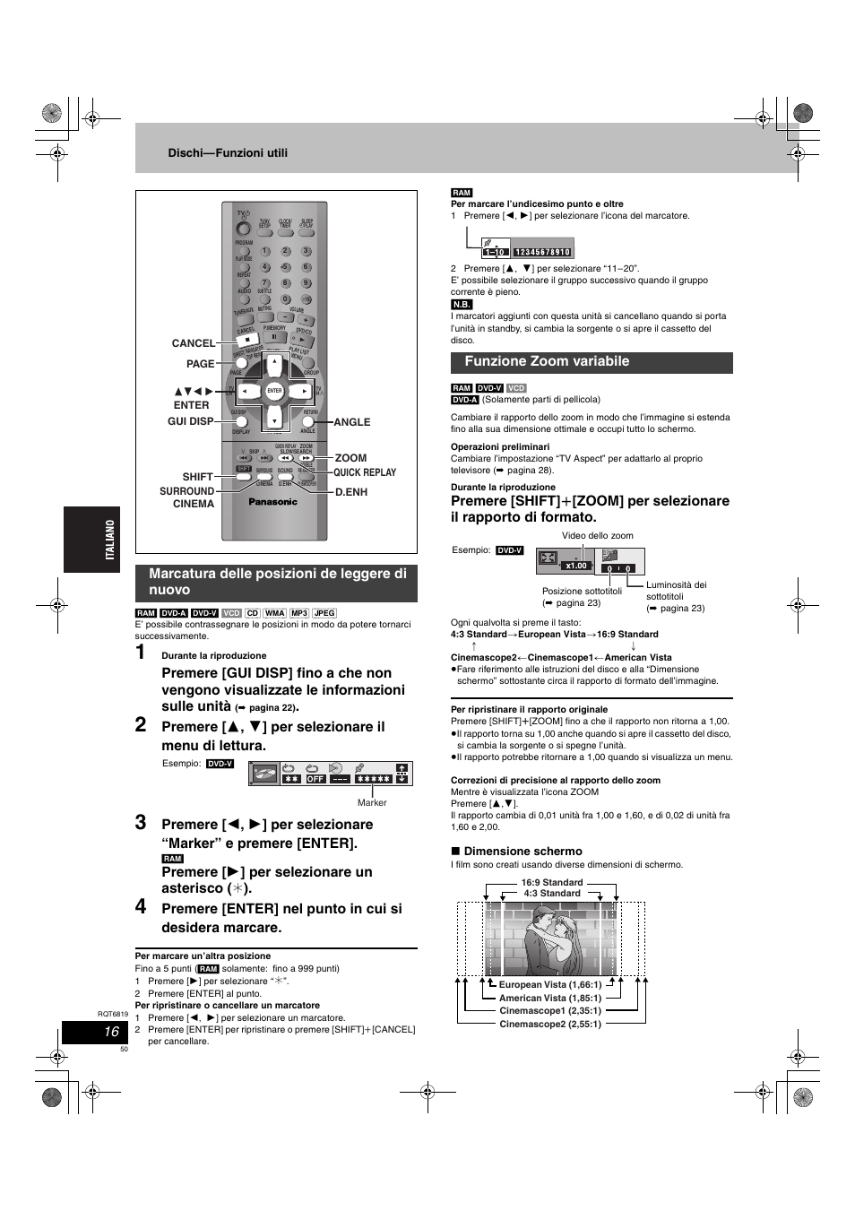 Premere [ 1 ] per selezionare un asterisco ( ¢ ), Marcatura delle posizioni de leggere di nuovo, Funzione zoom variabile | Dischi—funzioni utili, Dimensione schermo | Panasonic SCDP1 User Manual | Page 50 / 104