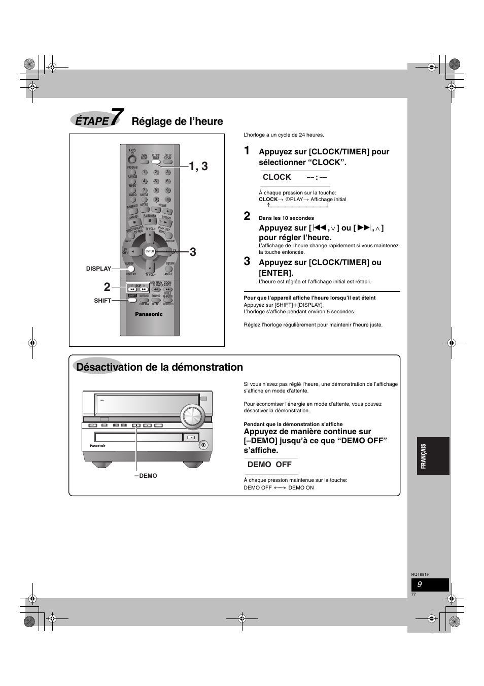 Étape, Réglage de l’heure, Désactivation de la démonstration | Appuyez sur [clock/timer] pour sélectionner “clock, Appuyez sur [clock/timer] ou [enter, Clock, Demo off, Ac in | Panasonic SCDP1 User Manual | Page 77 / 104