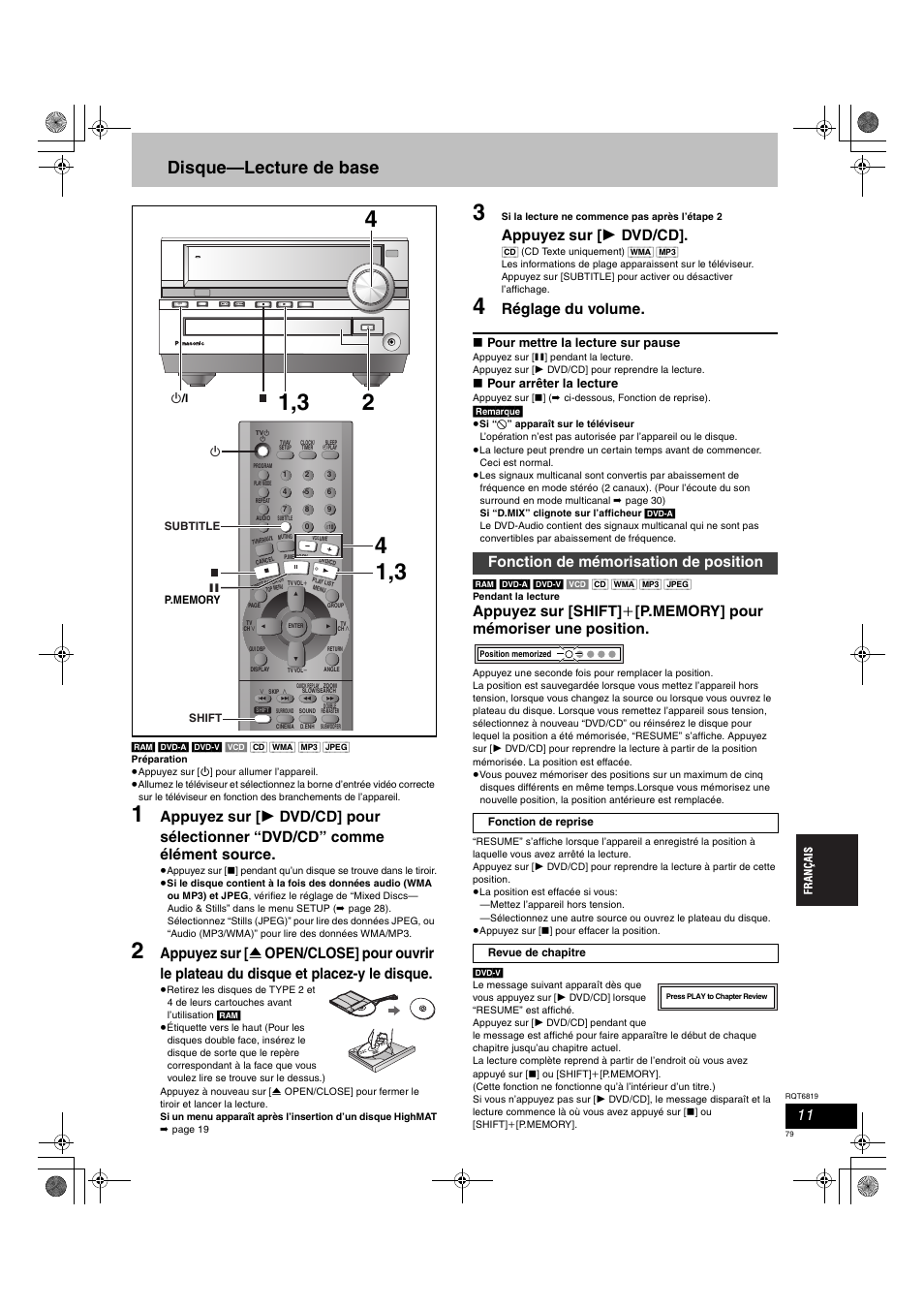 Disque—lecture de base, Appuyez sur [ 1 dvd/cd, Réglage du volume | Fonction de mémorisation de position, Ac in, Pour mettre la lecture sur pause, Pour arrêter la lecture | Panasonic SCDP1 User Manual | Page 79 / 104