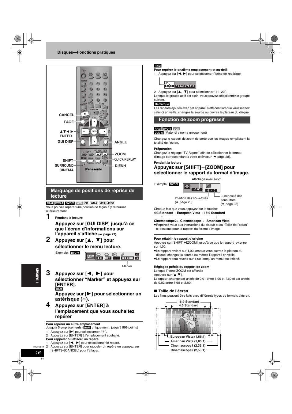 Marquage de positions de reprise de lecture, Fonction de zoom progressif, Disques—fonctions pratiques | Taille de l’écran | Panasonic SCDP1 User Manual | Page 84 / 104
