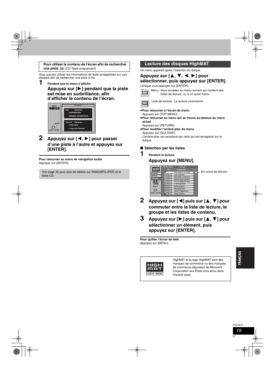 Appuyez sur [menu, Lecture des disques highmat | Panasonic SCDP1 User Manual | Page 87 / 104