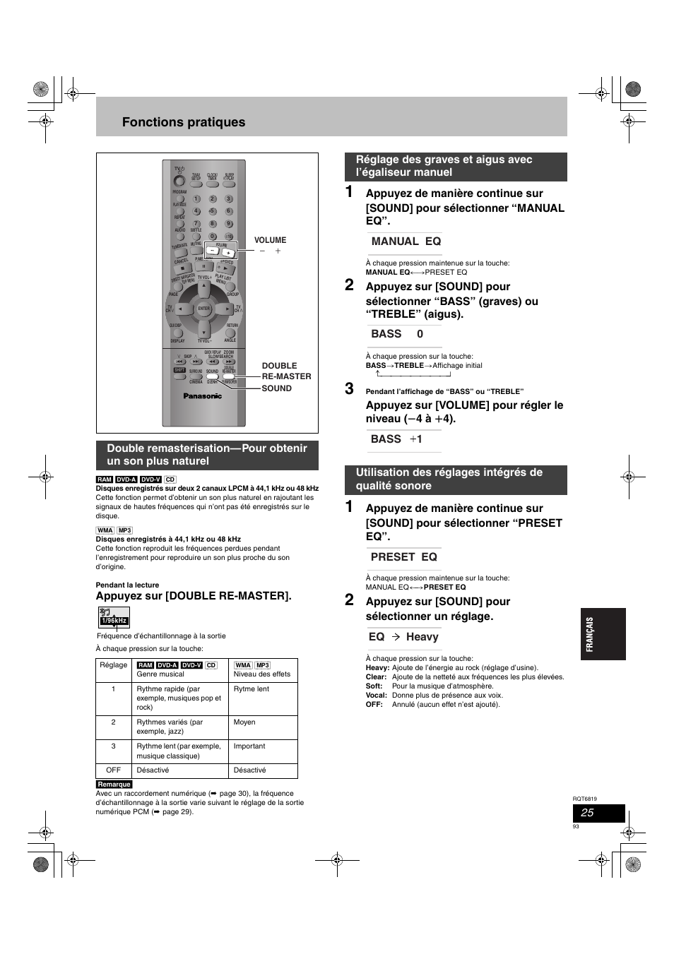 Fonctions pratiques, Appuyez sur [double re-master, Appuyez sur [volume] pour régler le niveau | Appuyez sur [sound] pour sélectionner un réglage | Panasonic SCDP1 User Manual | Page 93 / 104
