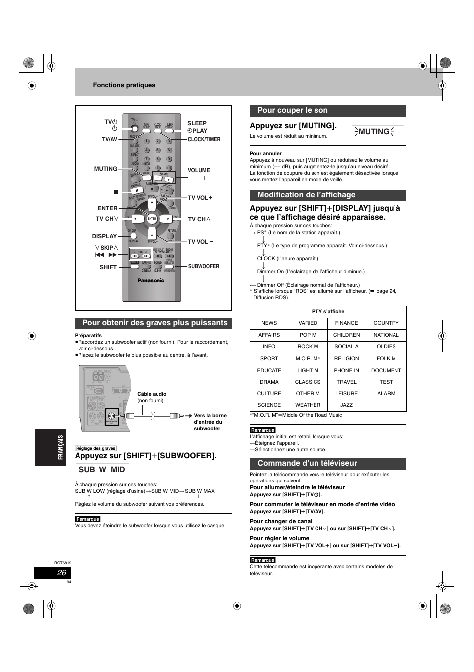 Appuyez sur [shift] i [subwoofer, Appuyez sur [muting, Pour obtenir des graves plus puissants | Commande d’un téléviseur muting, Fonctions pratiques | Panasonic SCDP1 User Manual | Page 94 / 104