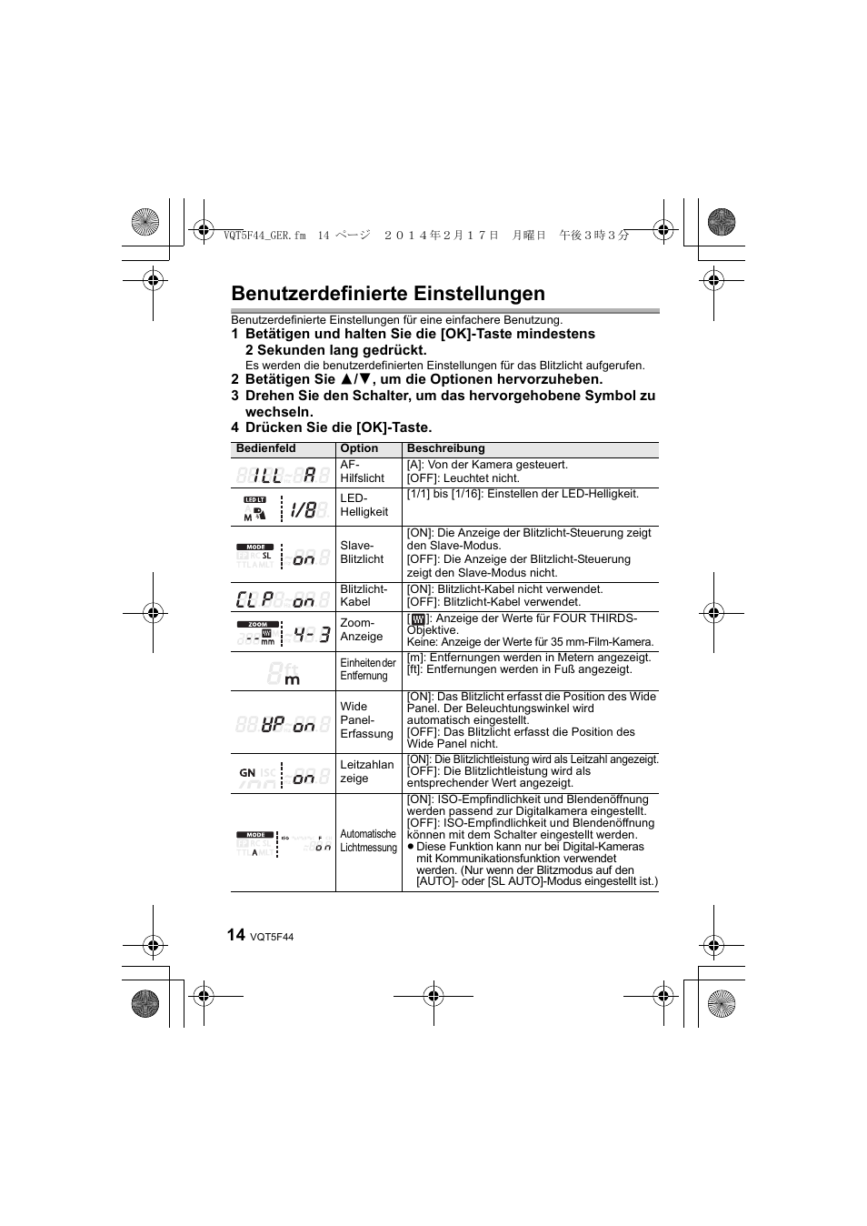 Benutzerdefinierte einstellungen | Panasonic DMWFL580LPP User Manual | Page 60 / 224