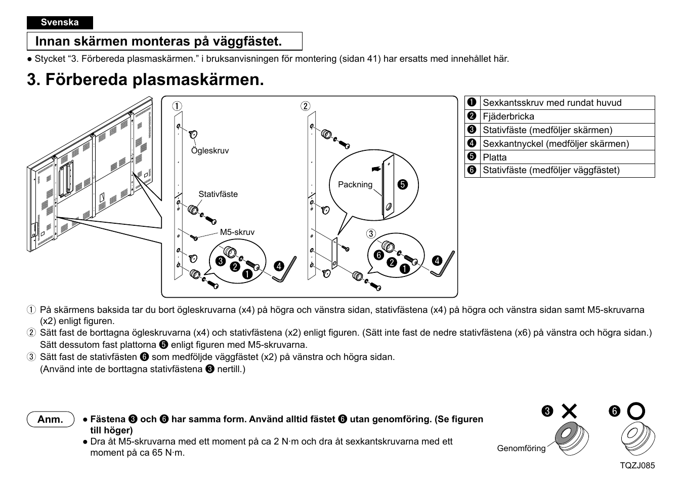 Förbereda plasmaskärmen, Innan skärmen monteras på väggfästet | Panasonic TYWK103PV9 User Manual | Page 9 / 13