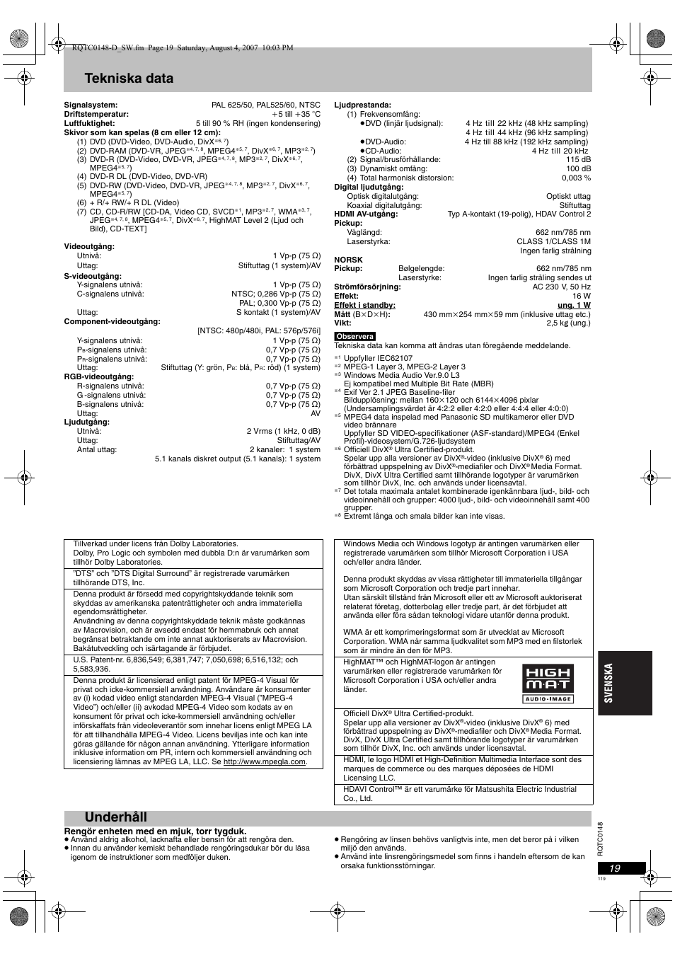 Tekniska data, Underhåll | Panasonic DVDS100 User Manual | Page 119 / 128