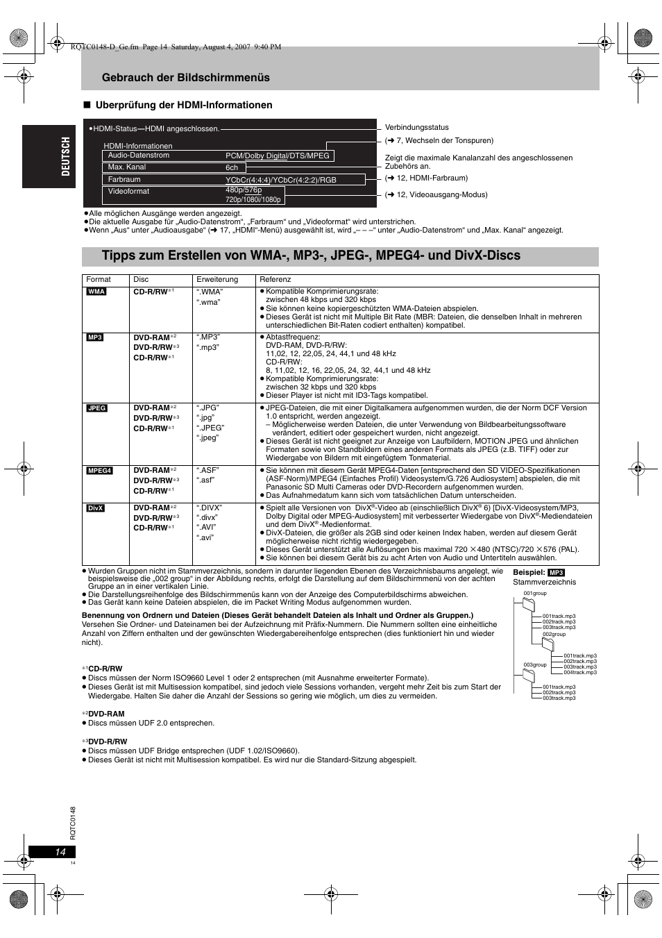 Gebrauch der bildschirmmenüs, Überprüfung der hdmi-informationen | Panasonic DVDS100 User Manual | Page 14 / 128