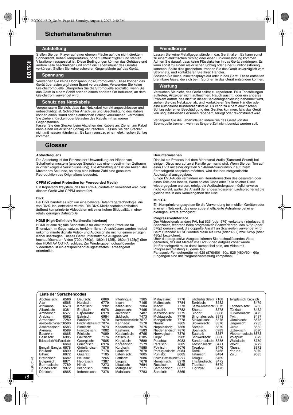 Sicherheitsmaßnahmen, Glossar | Panasonic DVDS100 User Manual | Page 18 / 128