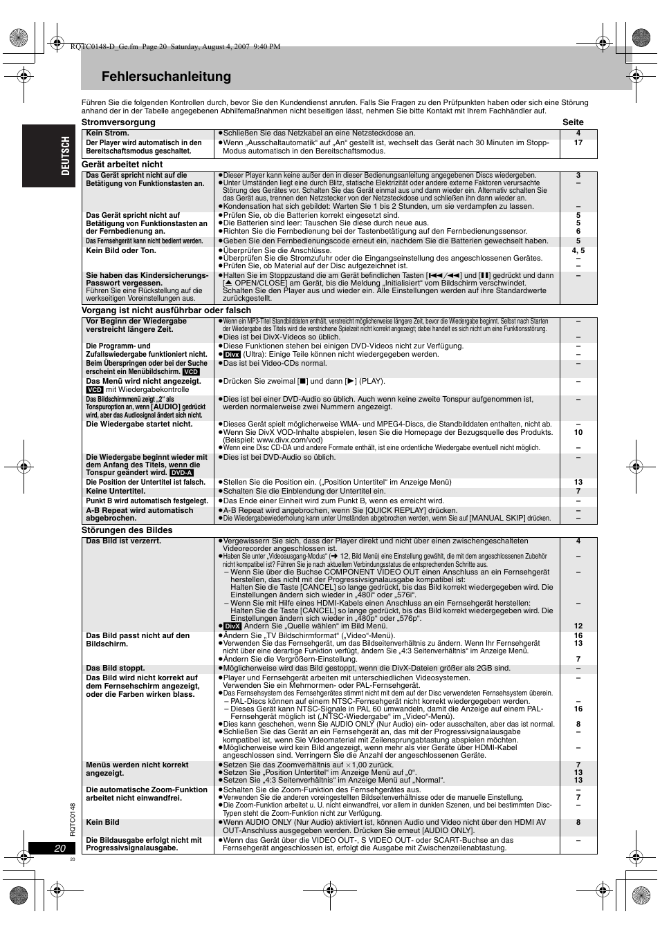 Fehlersuchanleitung | Panasonic DVDS100 User Manual | Page 20 / 128