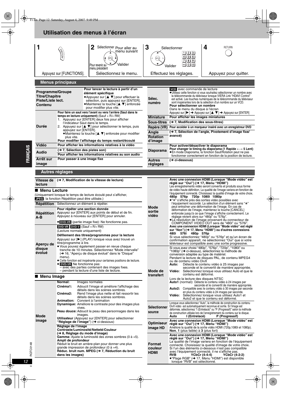 Utilisation des menus à l’écran | Panasonic DVDS100 User Manual | Page 52 / 128