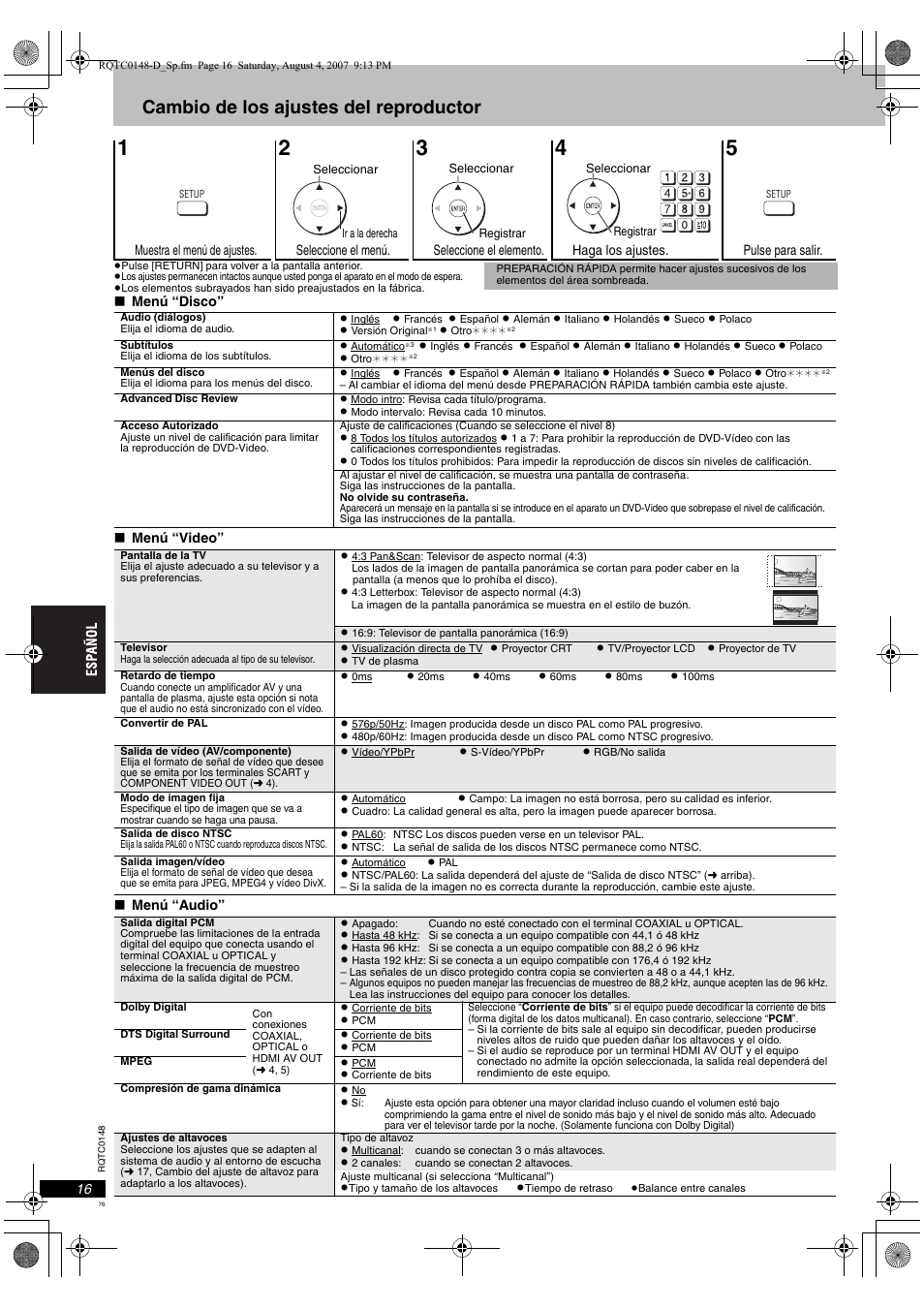 Cambio de los ajustes del reproductor | Panasonic DVDS100 User Manual | Page 76 / 128