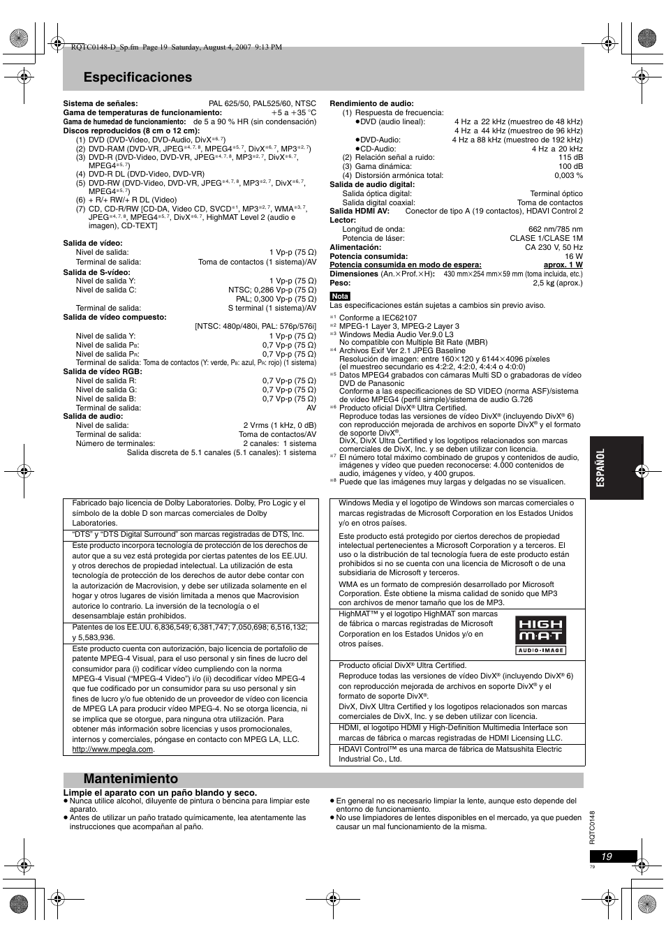 Especificaciones, Mantenimiento | Panasonic DVDS100 User Manual | Page 79 / 128