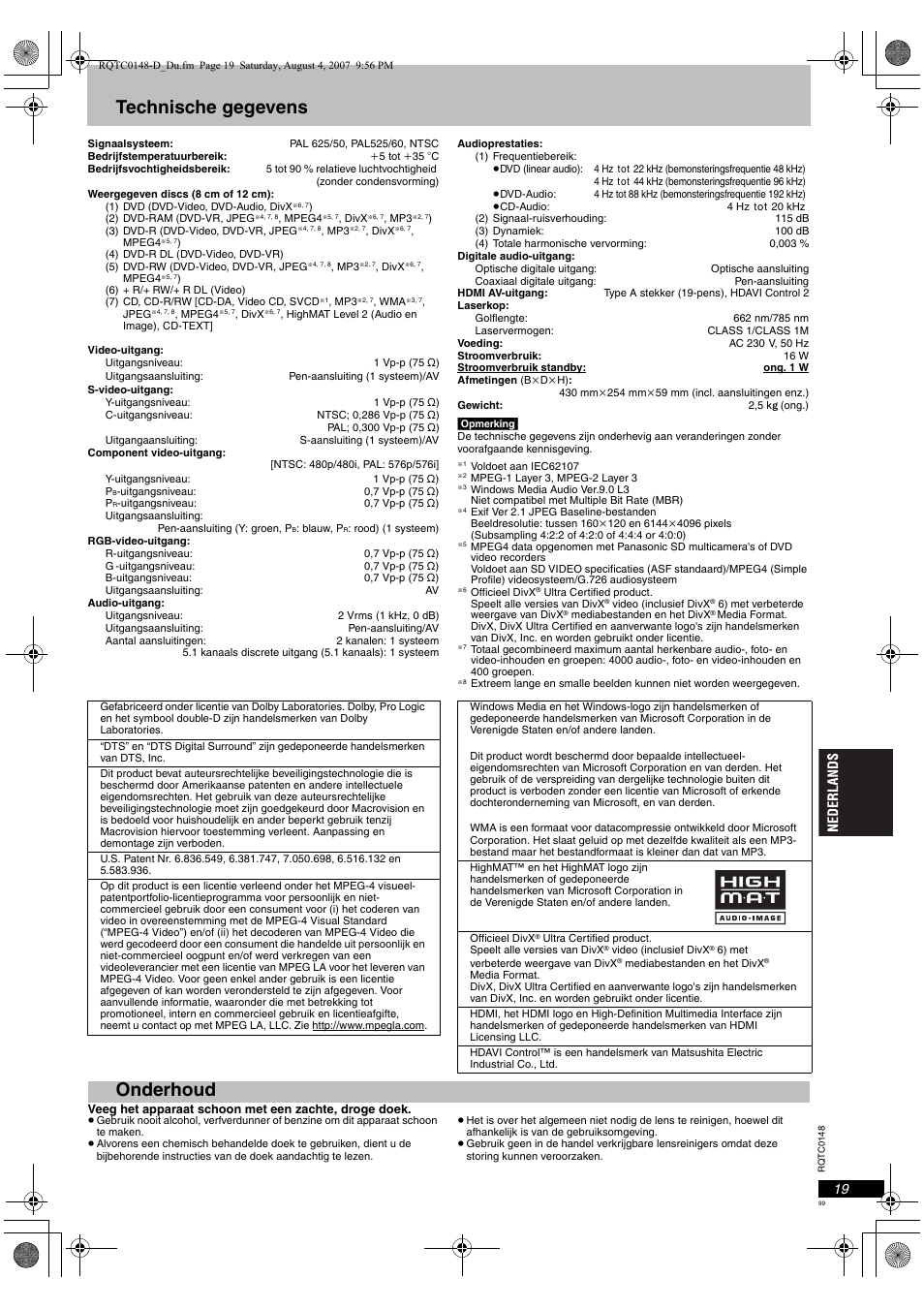 Technische gegevens, Onderhoud | Panasonic DVDS100 User Manual | Page 99 / 128