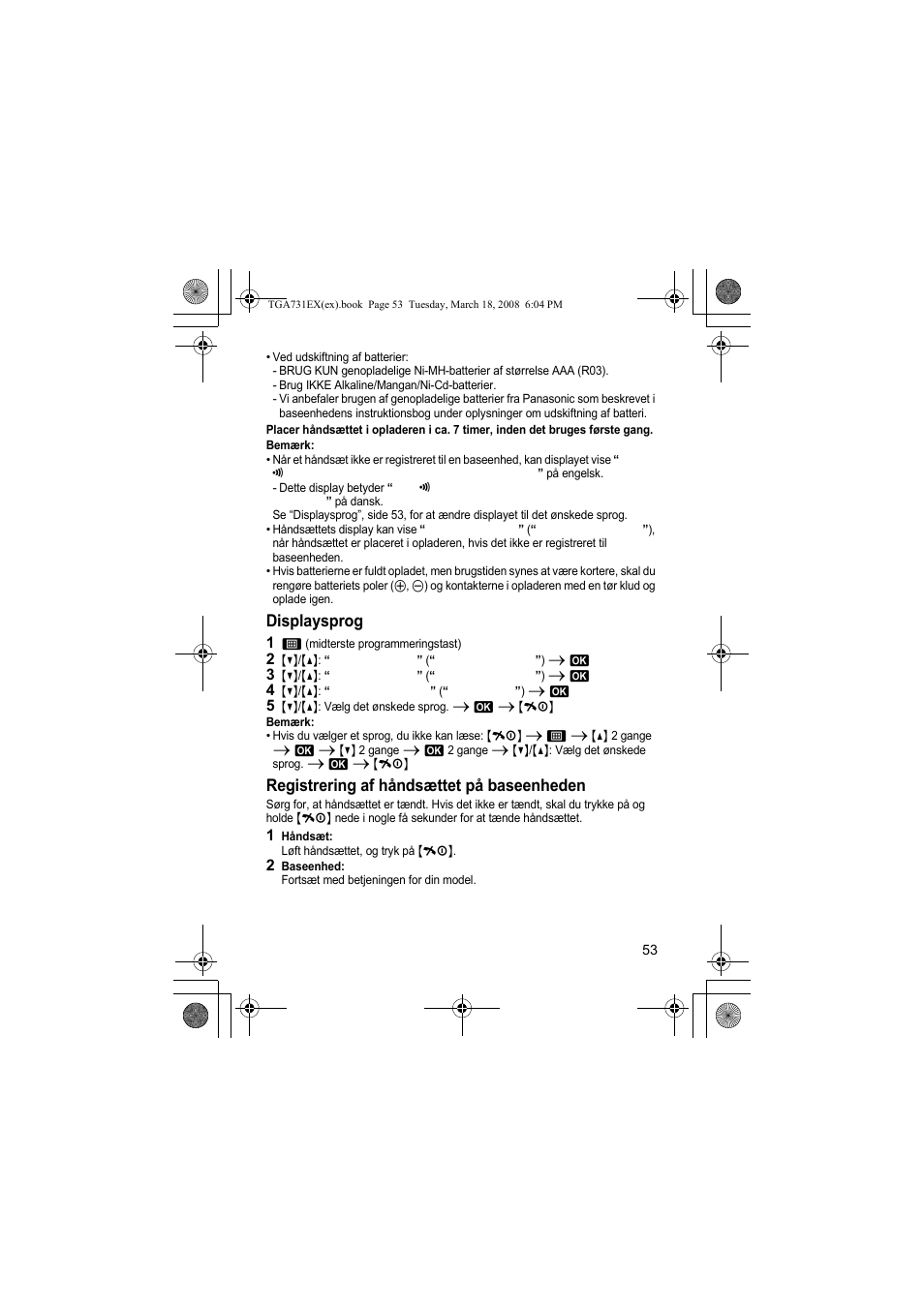 Displaysprog, Registrering af håndsættet på baseenheden | Panasonic KXTGA731EX User Manual | Page 53 / 80