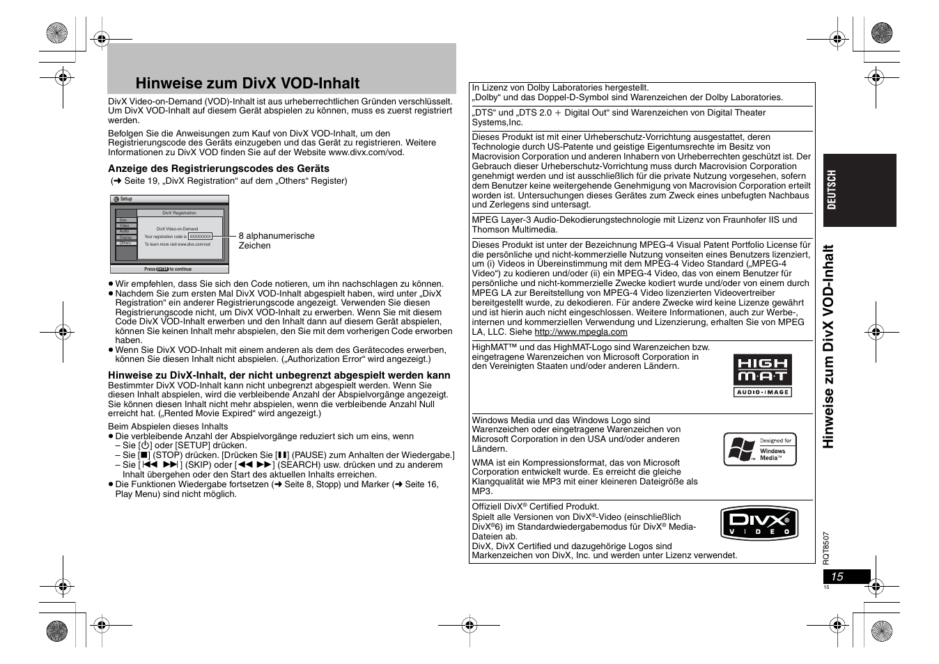 Hinweise zum divx vod-inhalt, Hi nweise zum d ivx v o d-i nhal t | Panasonic DVDS42 User Manual | Page 15 / 68