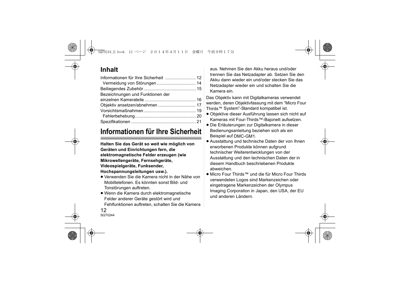 Informationen für ihre sicherheit, Inhalt | Panasonic HX015E User Manual | Page 12 / 72