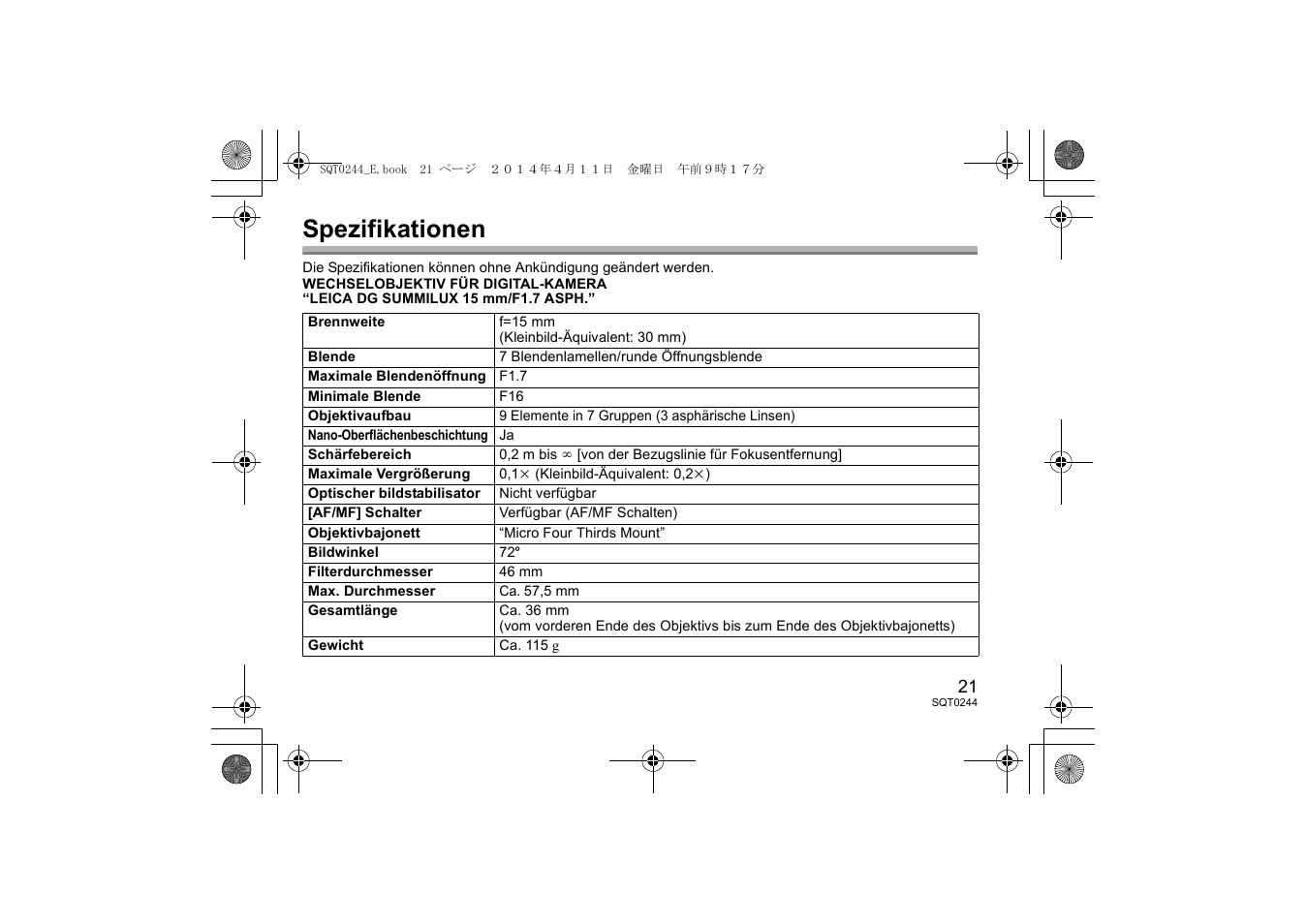 Spezifikationen | Panasonic HX015E User Manual | Page 21 / 72