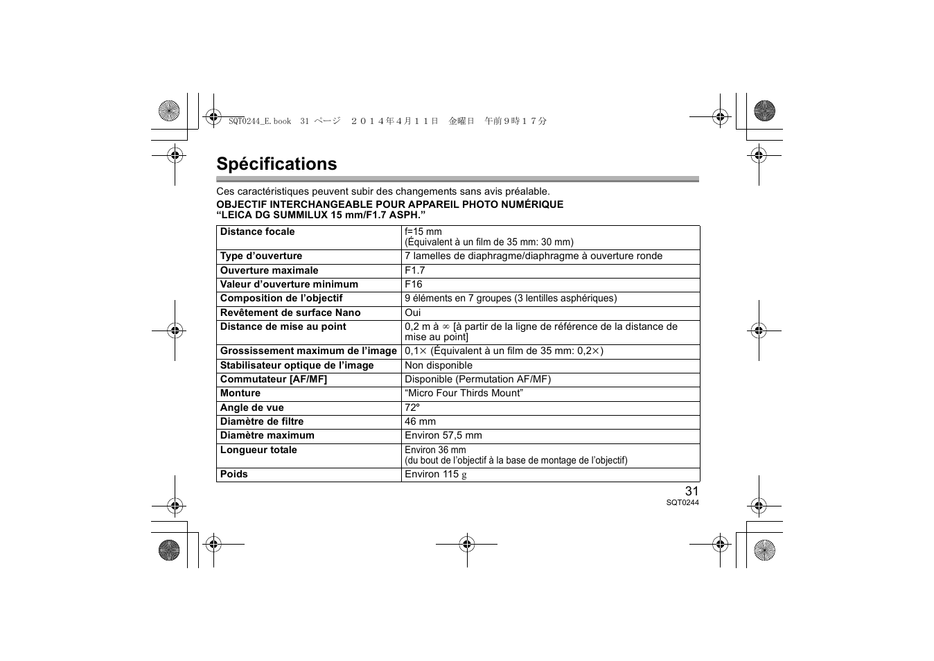 Spécifications | Panasonic HX015E User Manual | Page 31 / 72