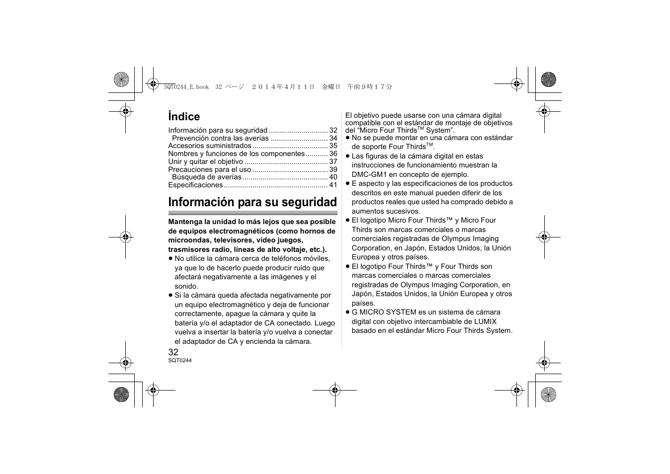 Información para su seguridad, Índice | Panasonic HX015E User Manual | Page 32 / 72