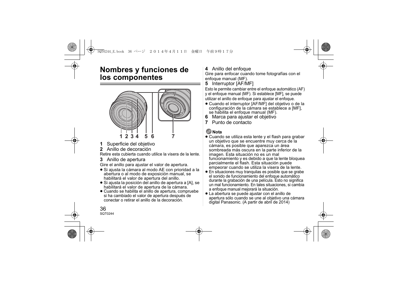Nombres y funciones de los componentes | Panasonic HX015E User Manual | Page 36 / 72