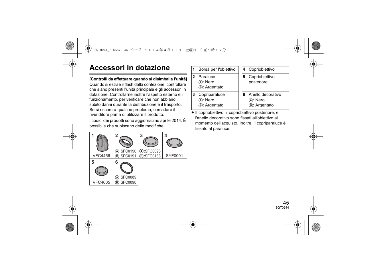 Accessori in dotazione | Panasonic HX015E User Manual | Page 45 / 72