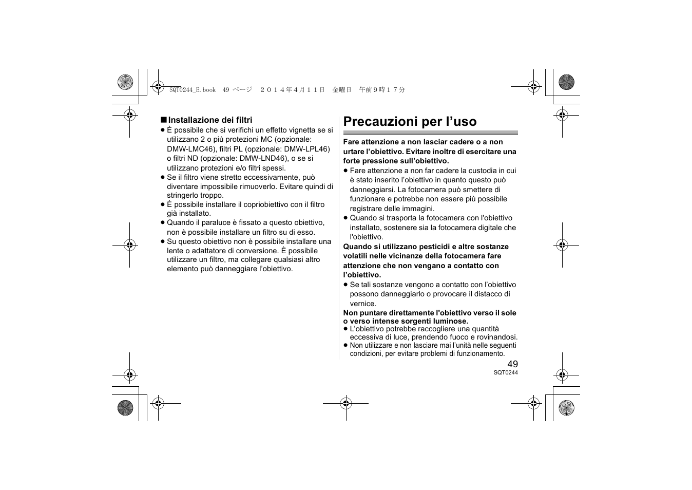 Precauzioni per l’uso | Panasonic HX015E User Manual | Page 49 / 72