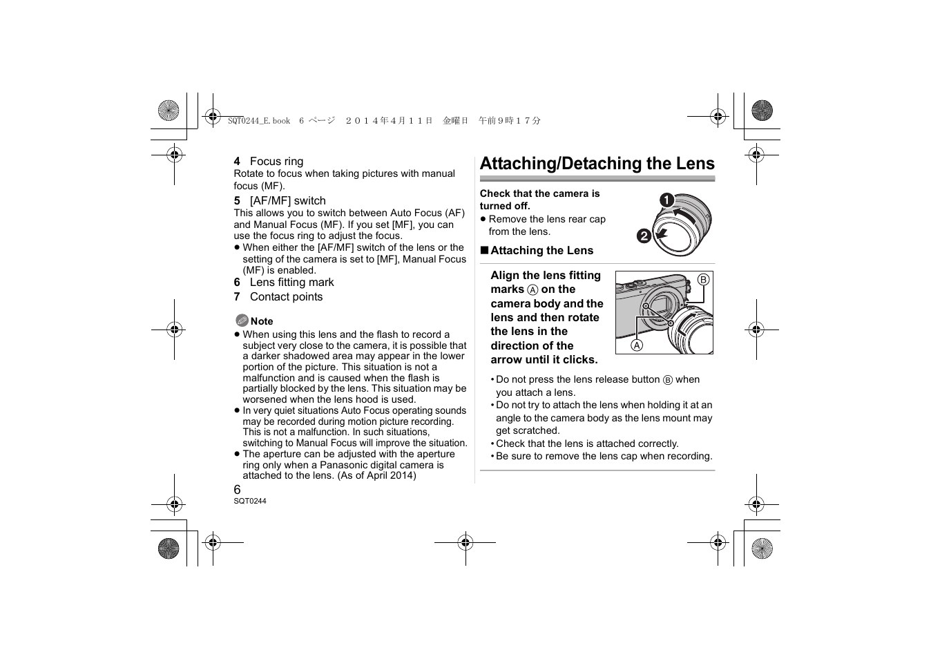 Attaching/detaching the lens | Panasonic HX015E User Manual | Page 6 / 72