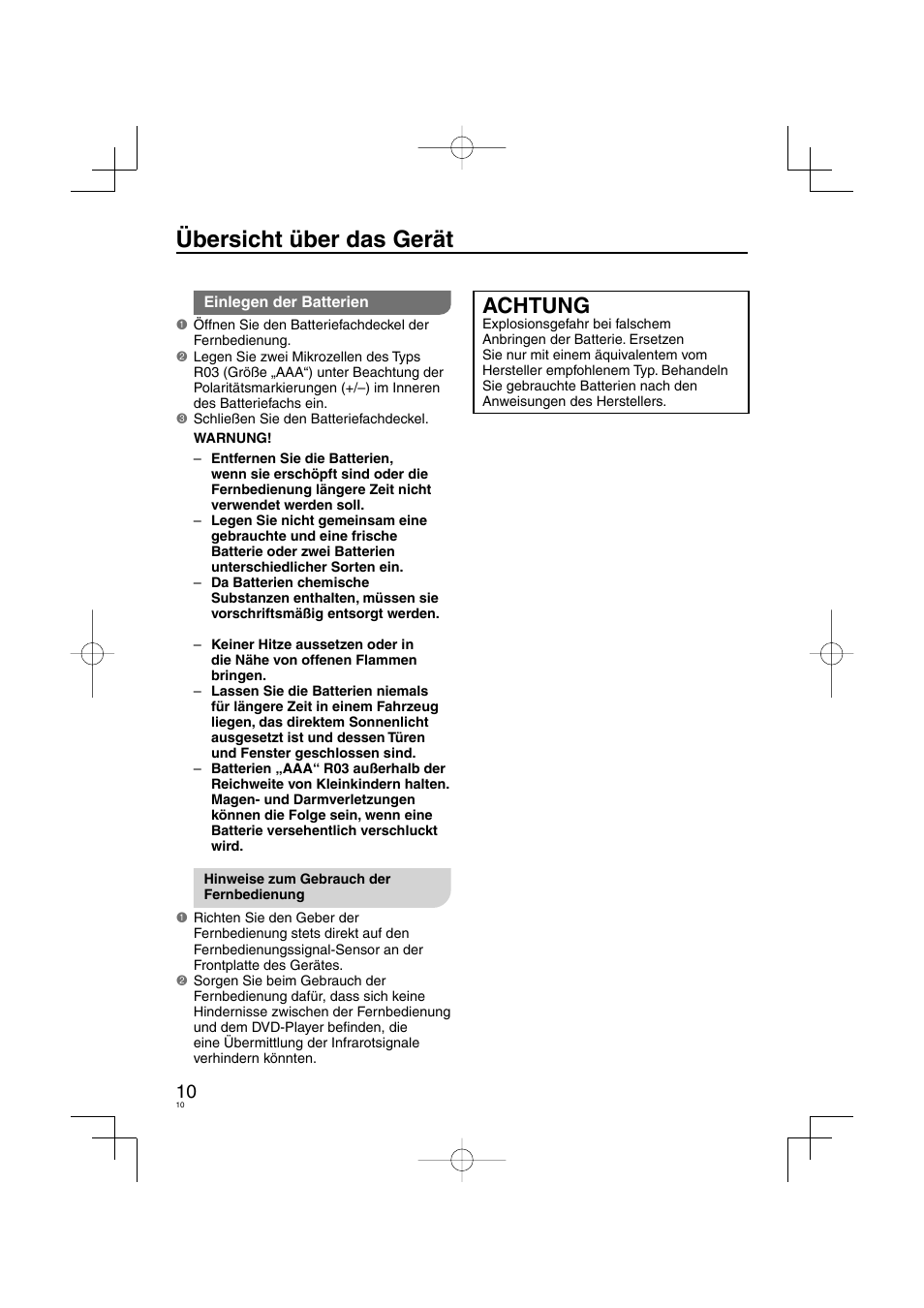 Übersicht über das gerät, Achtung | Panasonic DVDS38 User Manual | Page 10 / 216