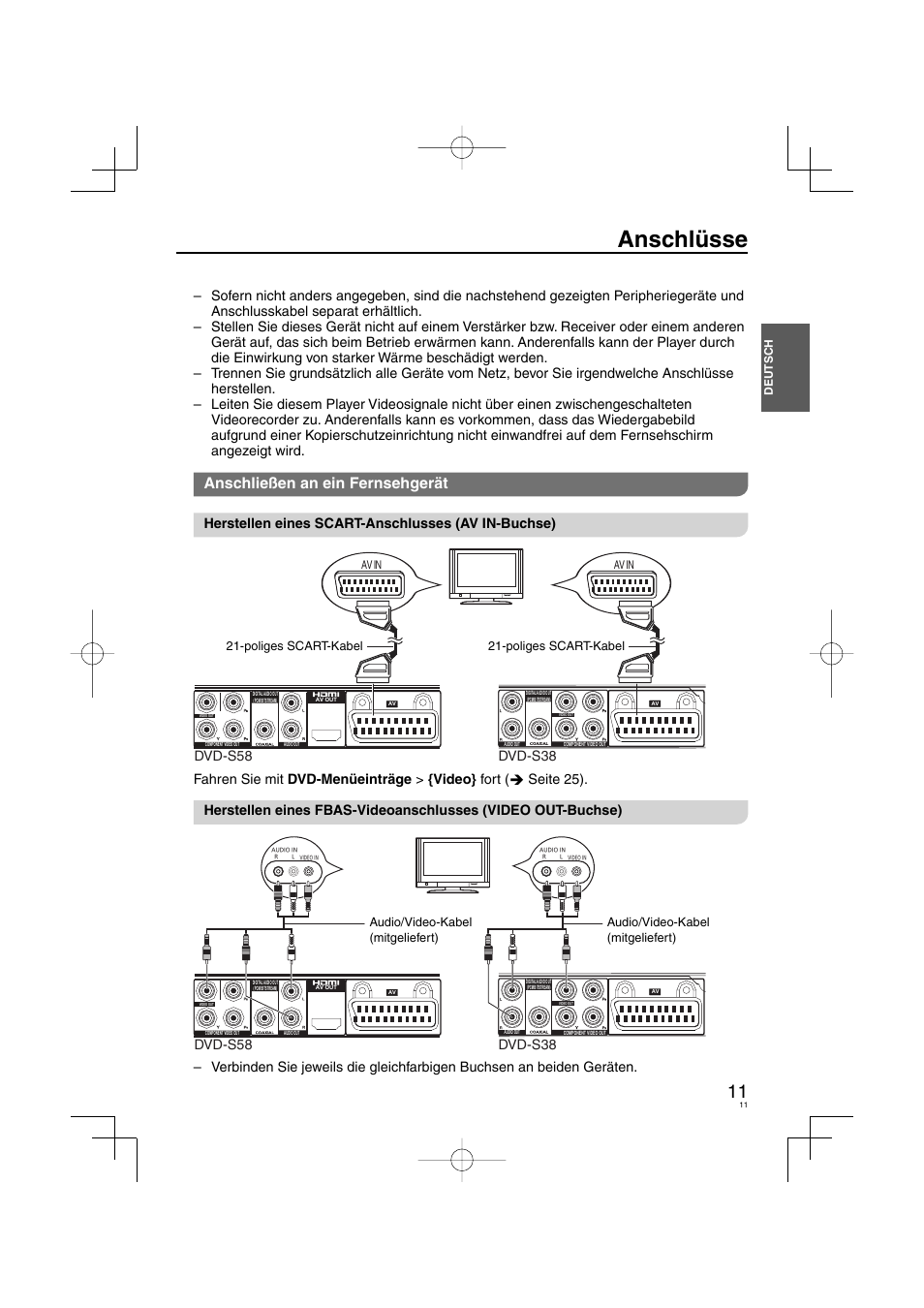 Anschlüsse, Anschließen an ein fernsehgerät, Herstellen eines scart-anschlusses (av in-buchse) | Dvd-s58 dvd-s38 | Panasonic DVDS38 User Manual | Page 11 / 216