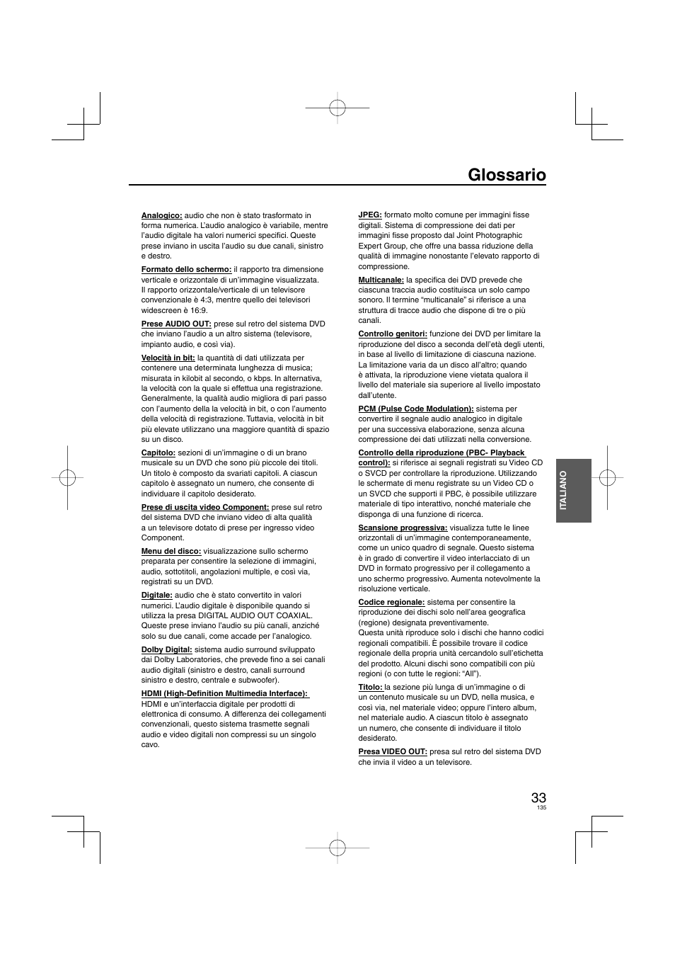 Glossario | Panasonic DVDS38 User Manual | Page 135 / 216