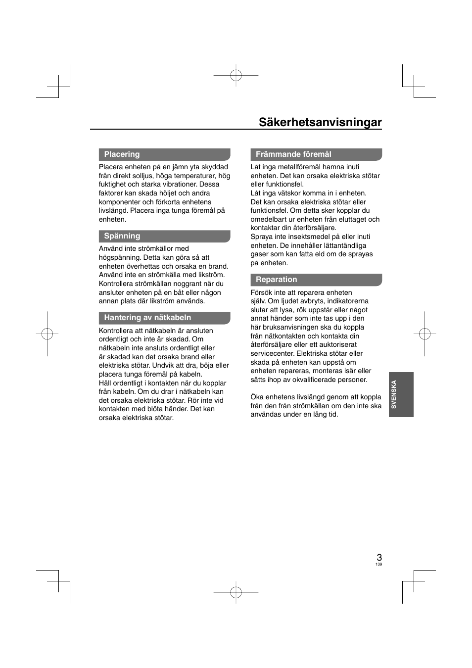 Säkerhetsanvisningar | Panasonic DVDS38 User Manual | Page 139 / 216