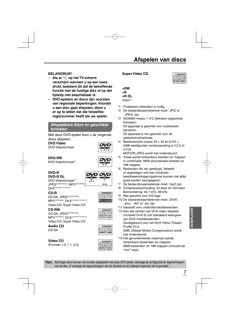 Afspelen van discs, Afspeelbare discs en geschikte formaten | Panasonic DVDS38 User Manual | Page 177 / 216