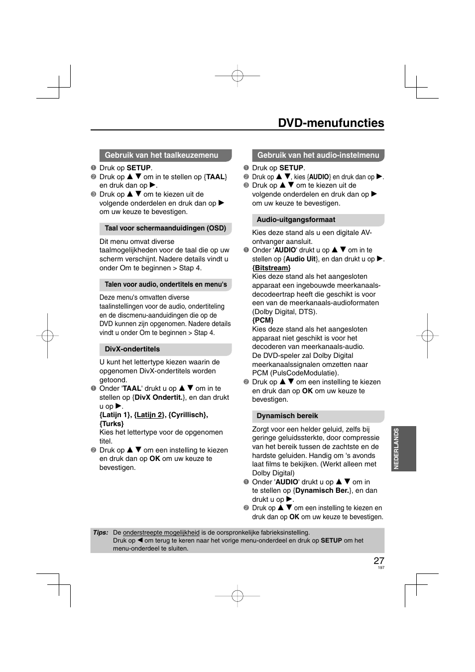 Dvd-menufuncties | Panasonic DVDS38 User Manual | Page 197 / 216