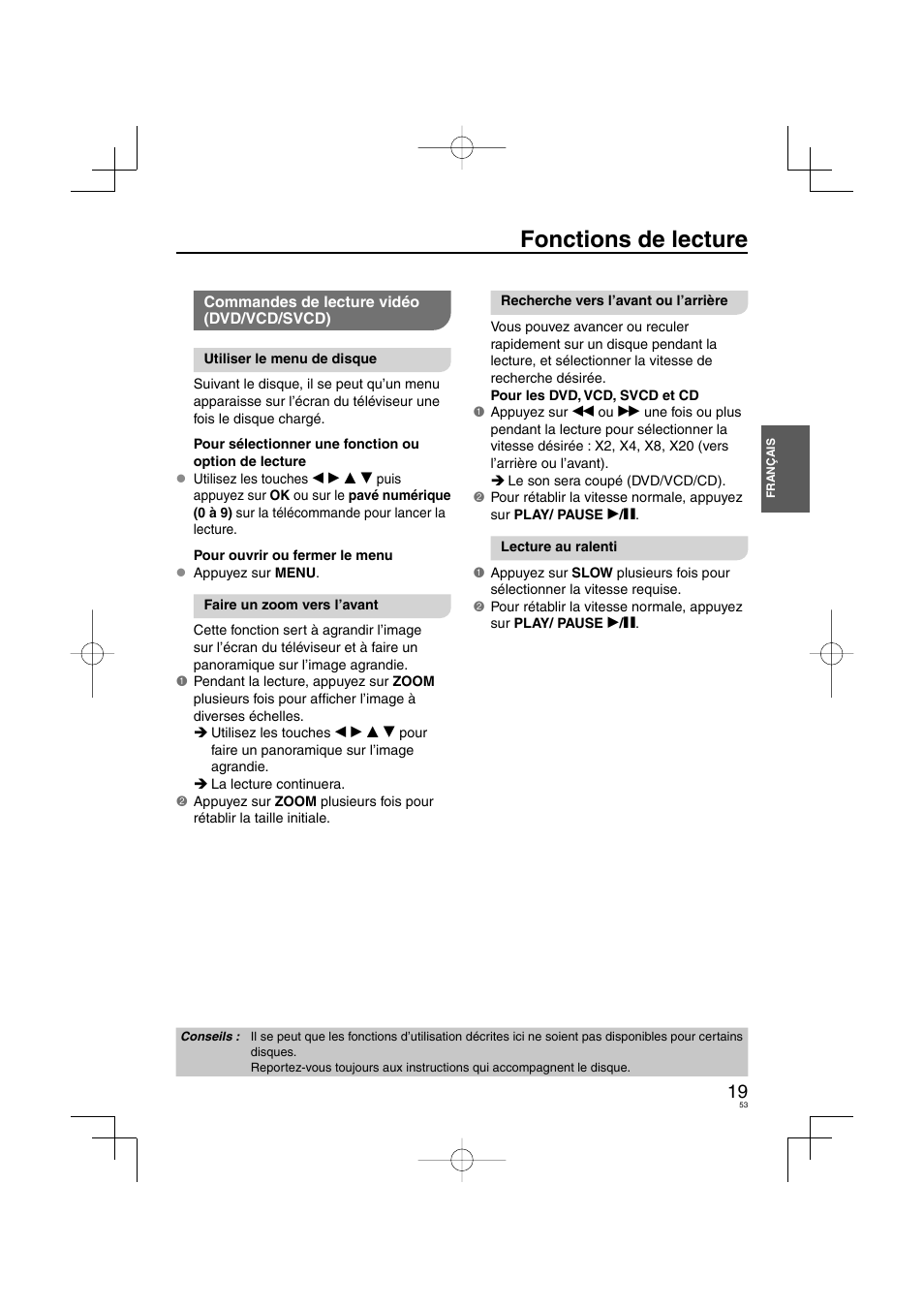 Fonctions de lecture | Panasonic DVDS38 User Manual | Page 53 / 216